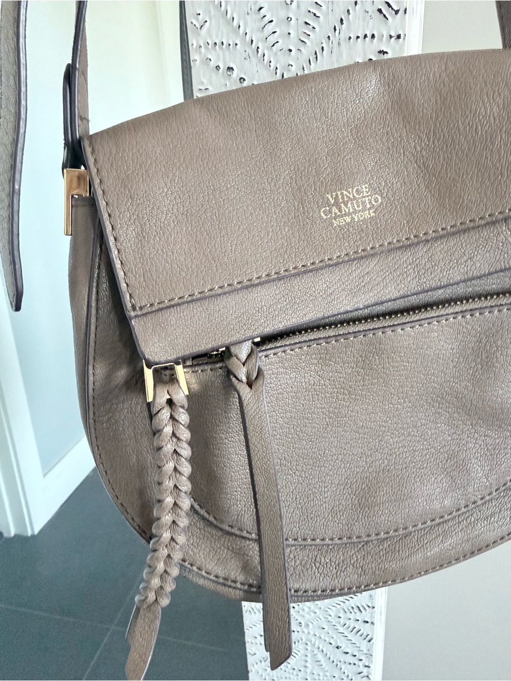 Vince Camuto Taupe Leather Crossbody with Braided Tassel